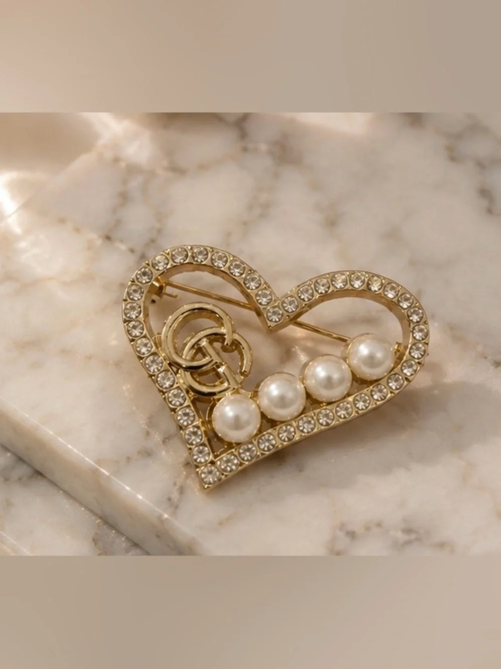 Gold Tone Heart Pearl Crystal Statement Brooch Pin